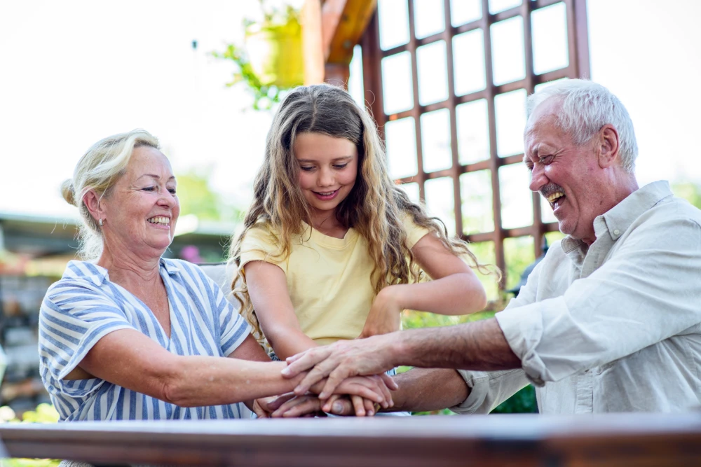 Family bonding with teamwork gesture.