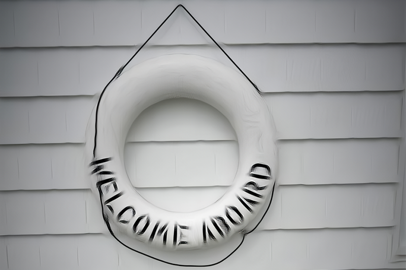 A ring buoy that says welcome aboard on the side of the lighthouse